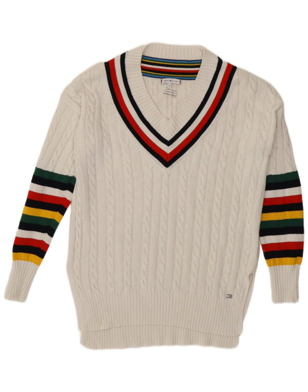 Damski sweter TOMMY HILFIGER z dekoltem w kształcie litery V, UK 6 XS, w białe paski