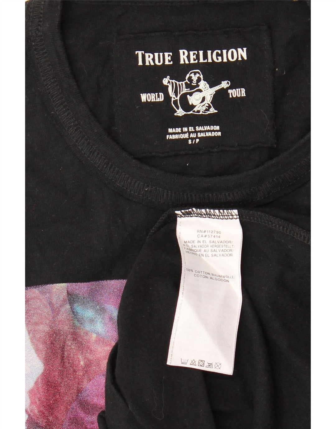 Męska koszulka z grafiką TRUE RELIGION, mała, czarna, z bawełny w kwiaty