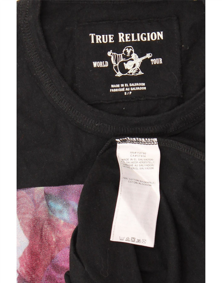 Męska koszulka z grafiką TRUE RELIGION, mała, czarna, z bawełny w kwiaty