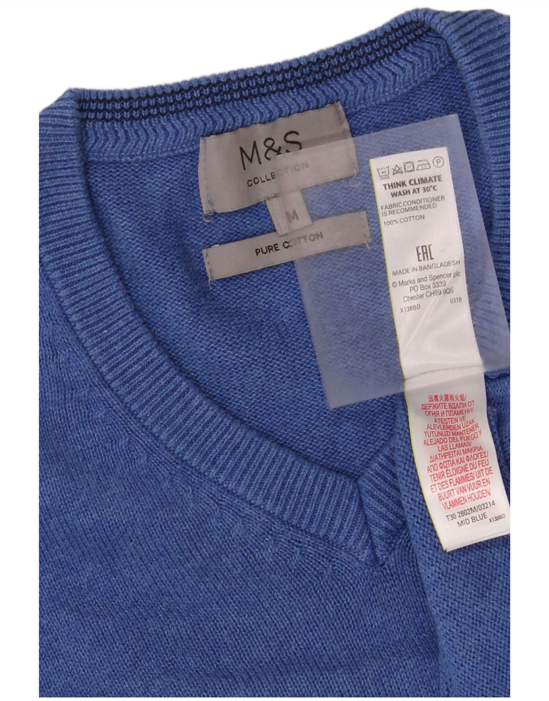 MARKS & SPENCER Męski sweter z dekoltem w kształcie litery V, średnioniebieski, bawełniany