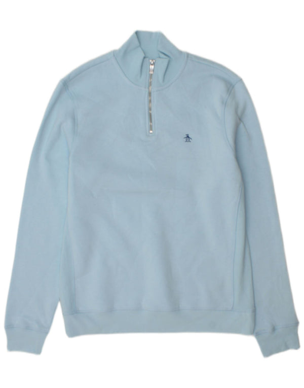 Penguin Mens Zip Neck Sweatshirt Jumper Medium Blue Cotton