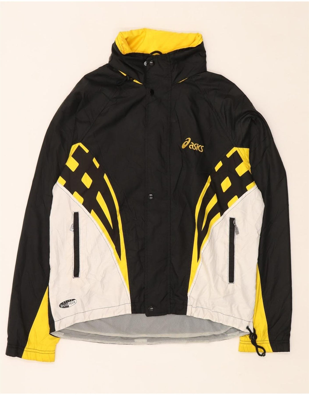 Męska kurtka przeciwdeszczowa z kapturem ASICS UK 40, duża, czarna, z blokami kolorów