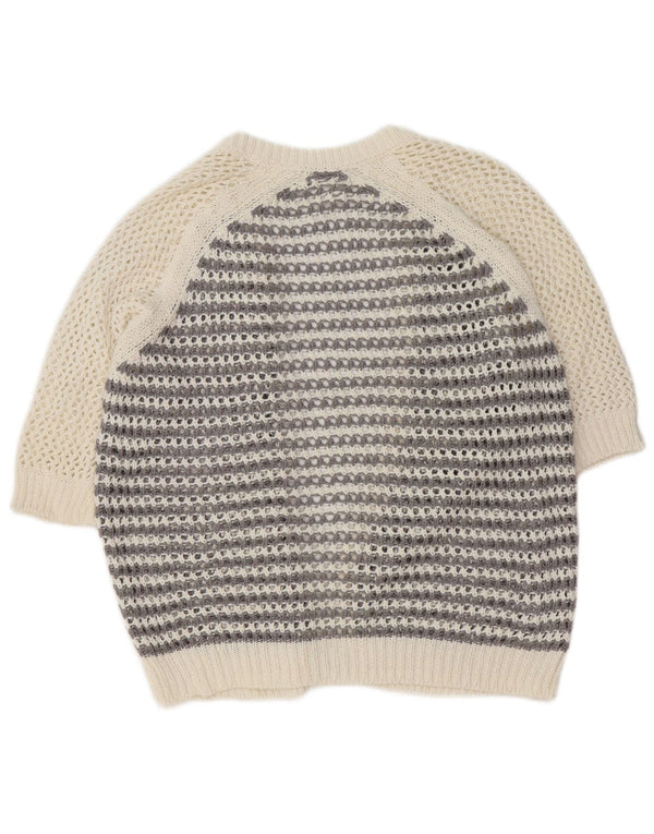 Vintage damski sweter rozpinany z rękawem 3/4 UK 14 w średnie szare paski