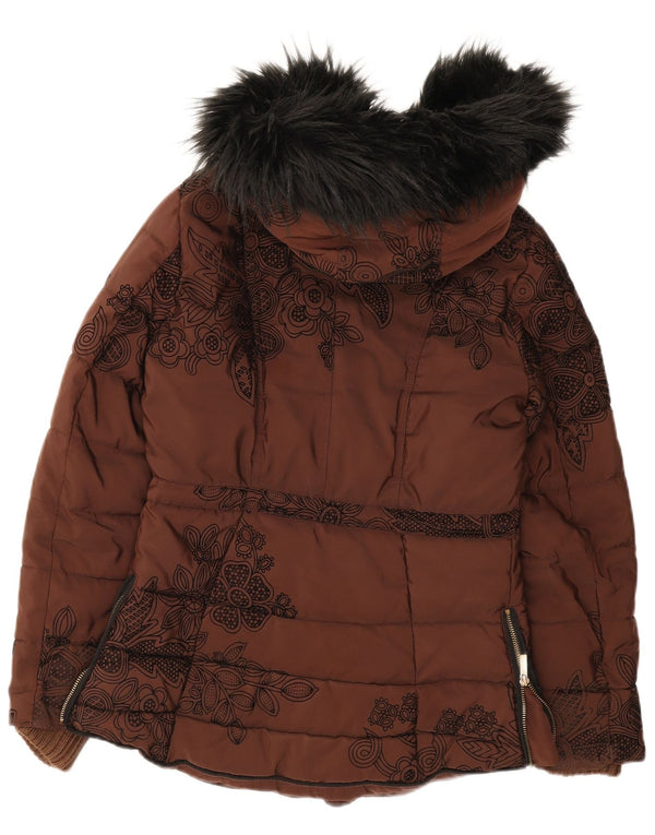 Damska kurtka Desigual z kapturem, oversize, wyściełana EU 36, mała, brązowa, w kwiaty