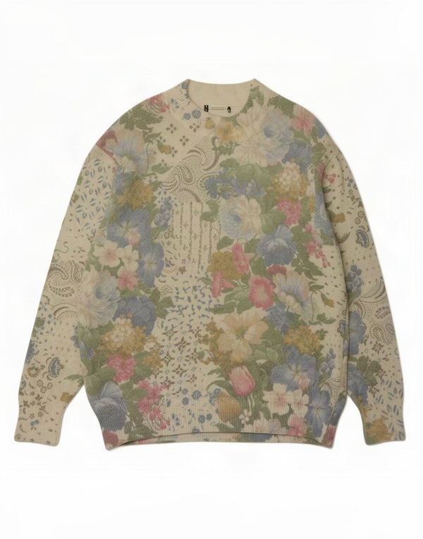 Sweter damski w stylu vintage z golfem UK 16, duży, zielony w kwiaty