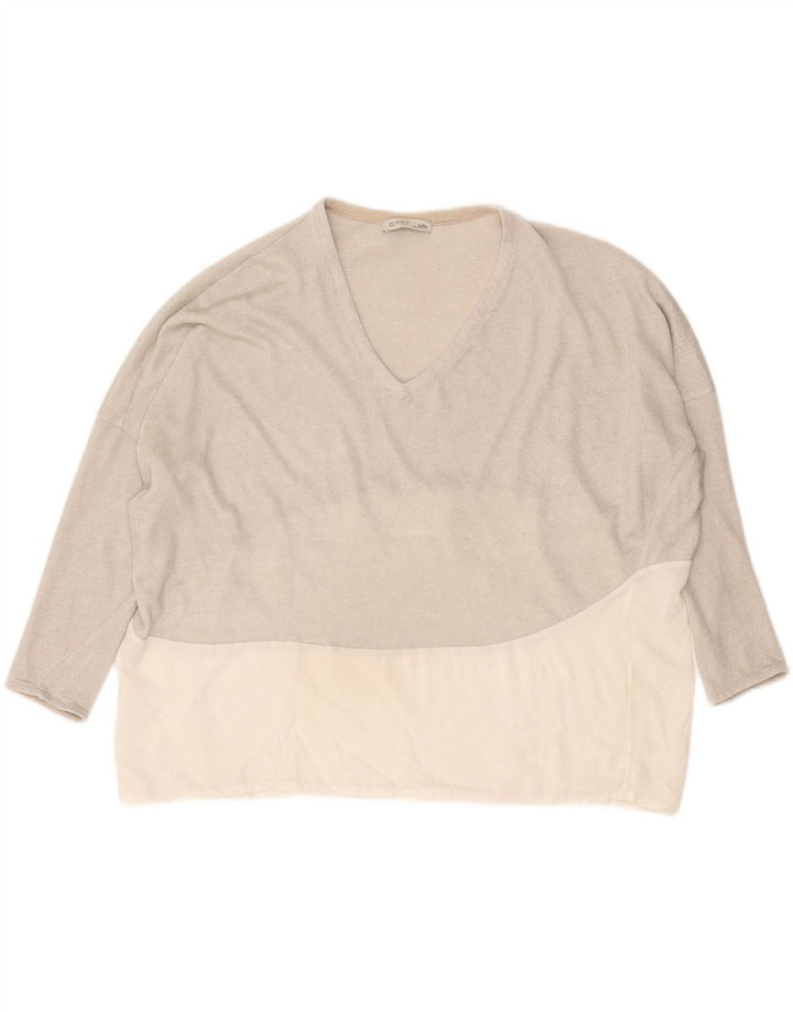 Damski sweter oversize z dekoltem w kształcie litery V Zara UK 16, duży, szary, z blokami kolorów