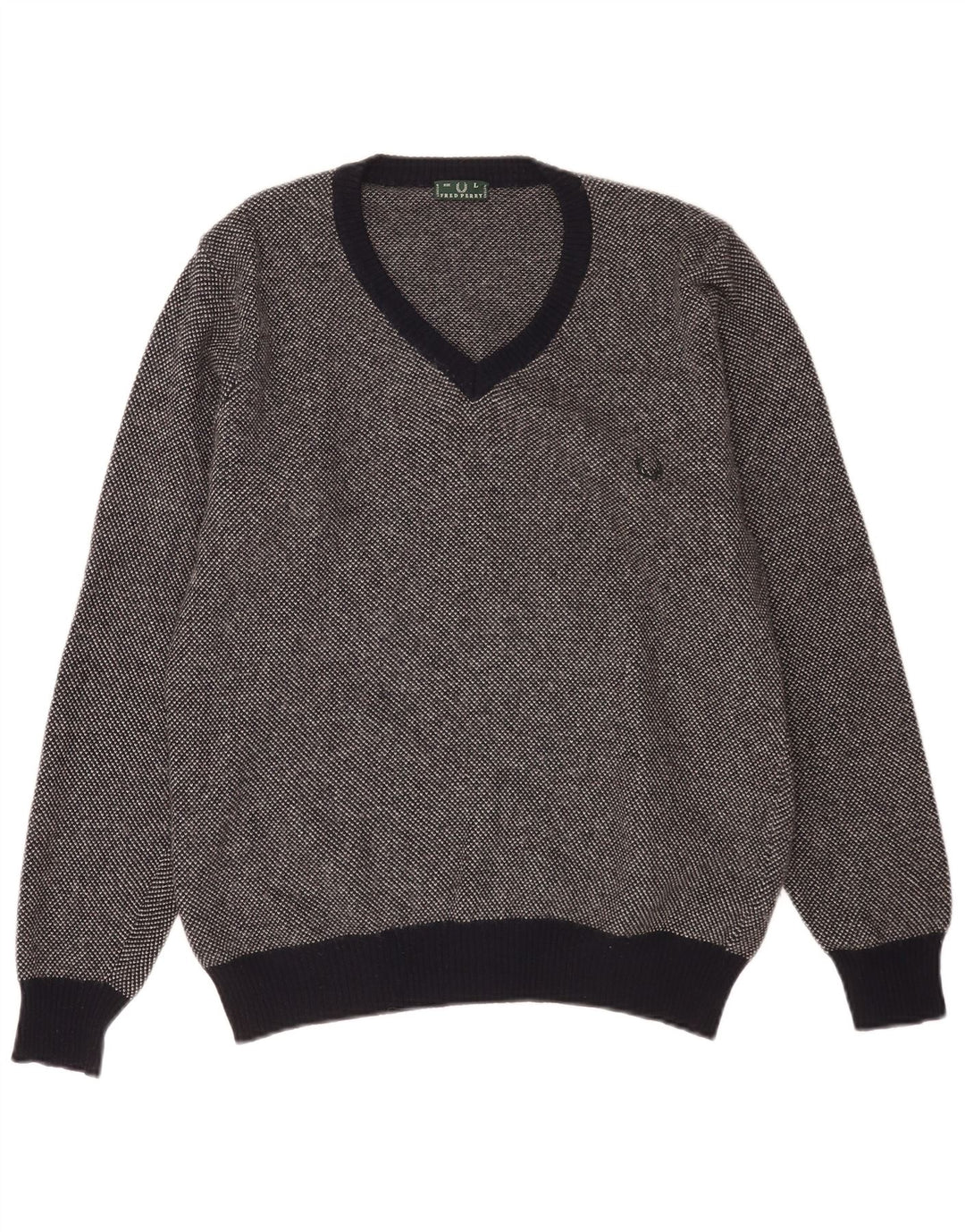 Męski sweter Fred Perry z dekoltem w kształcie litery V, duży, granatowy, wełniany w cętki