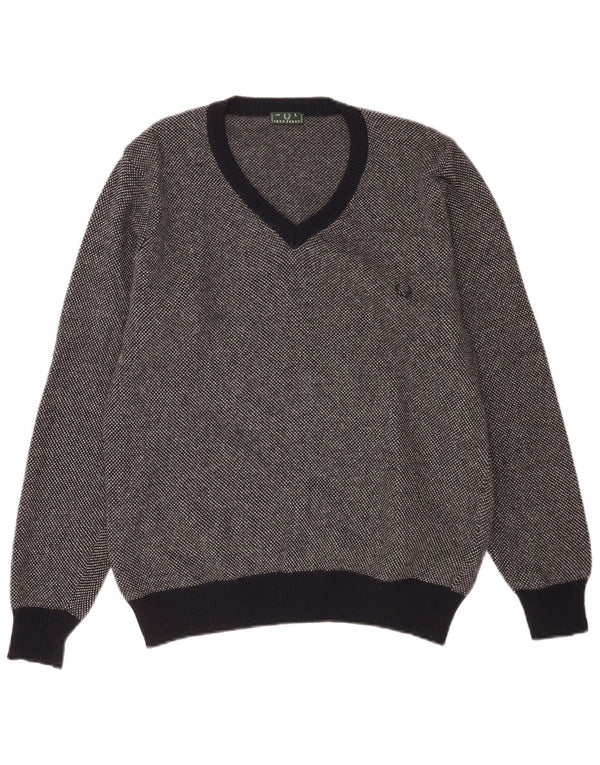 Męski sweter Fred Perry z dekoltem w kształcie litery V, duży, granatowy, wełniany w cętki