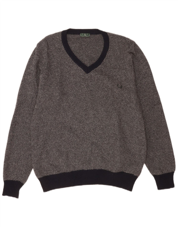 Męski sweter Fred Perry z dekoltem w kształcie litery V, duży, granatowy, wełniany w cętki
