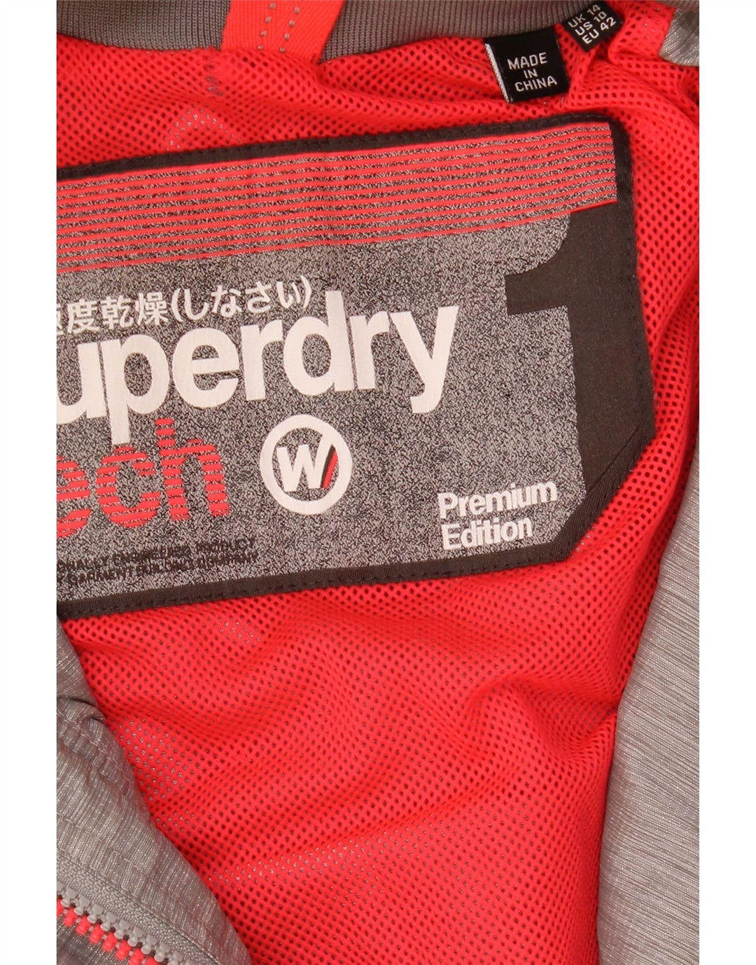 Damska kurtka przeciwdeszczowa z kapturem Superdry UK 14, duża, szara, nakrapiana