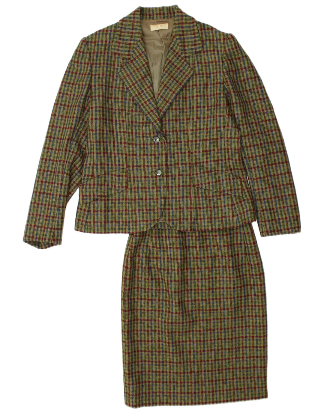 Vintage damski komplet spódnic zapinanych na 2 guziki, UK 12 Medium W26 Khaki Check