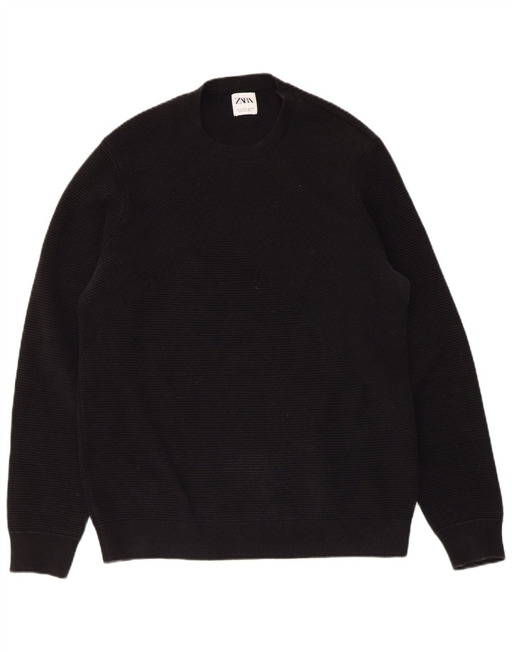 Męski sweter z okrągłym dekoltem ZARA, mały, czarny, bawełniany