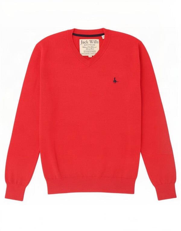 Jack Wills Męski sweter z dekoltem w kształcie litery V, duży, czerwony, bawełniany