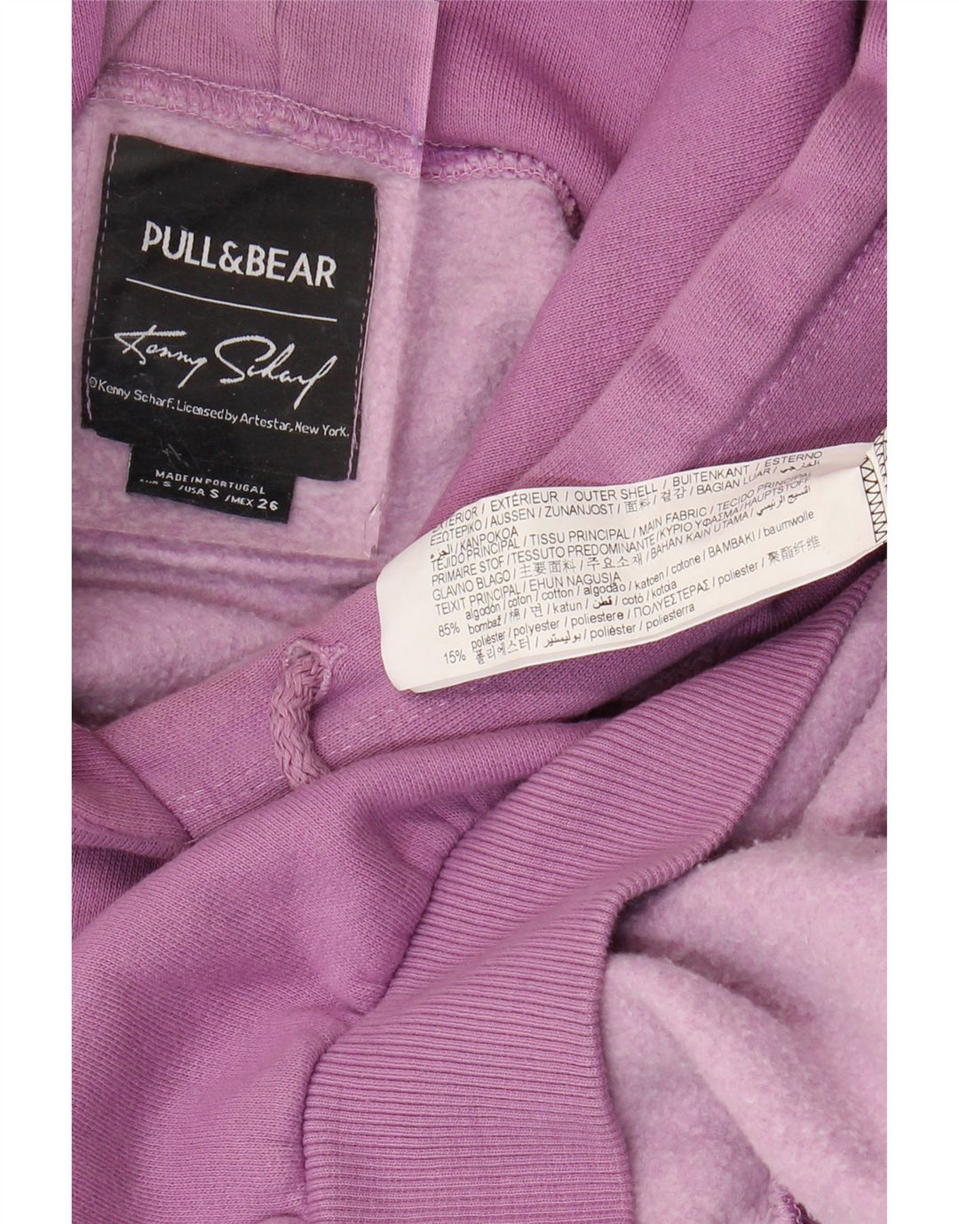 Męski sweter z kapturem Pull & Bear z grafiką i luźnym krojem, mały, fioletowy, bawełniany