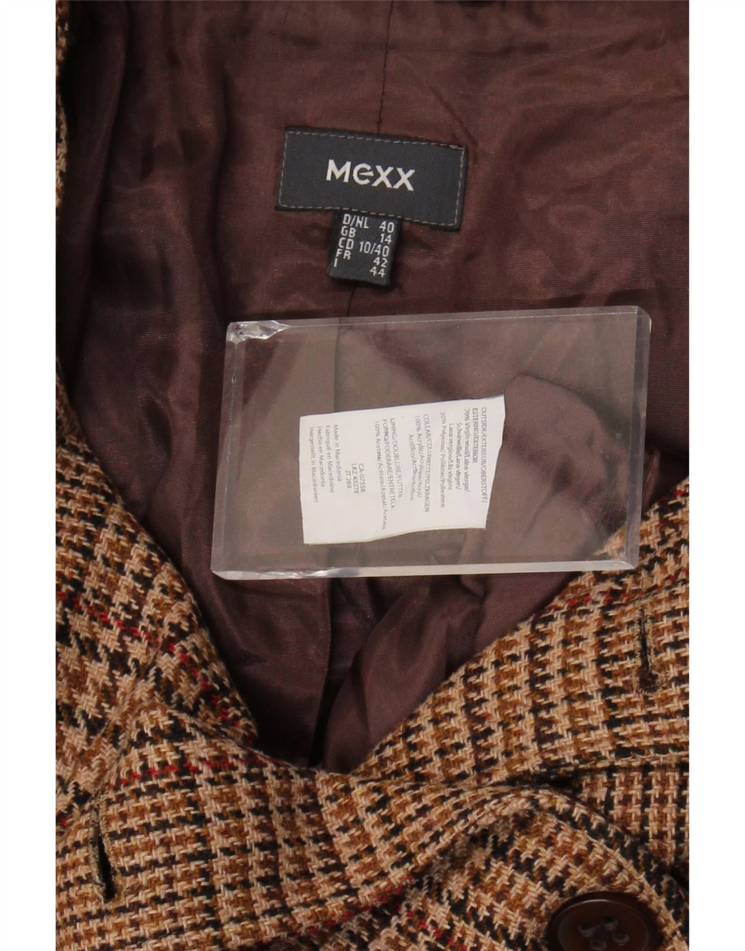 Mexx Damski płaszcz Crop Pea UK 14, duża, brązowa, dziewicza wełna w pepitkę
