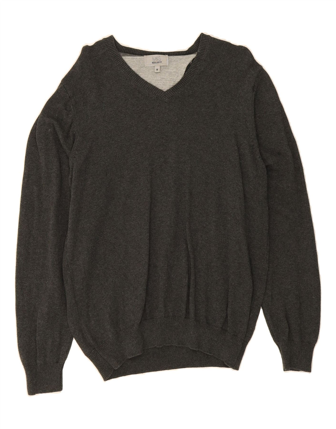 MARKS & SPENCER Mens Regular Fit V-Neck Jumper Sweater Medium Grey Cotton Vintage Marks & Spencer and Second-Hand Marks & Spencer from Messina Hembry 