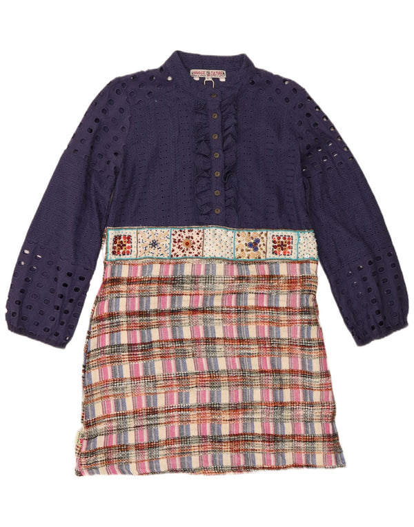 Vintage damska sukienka typu shift z falbaną z przodu UK 14, duży granatowy patchwork