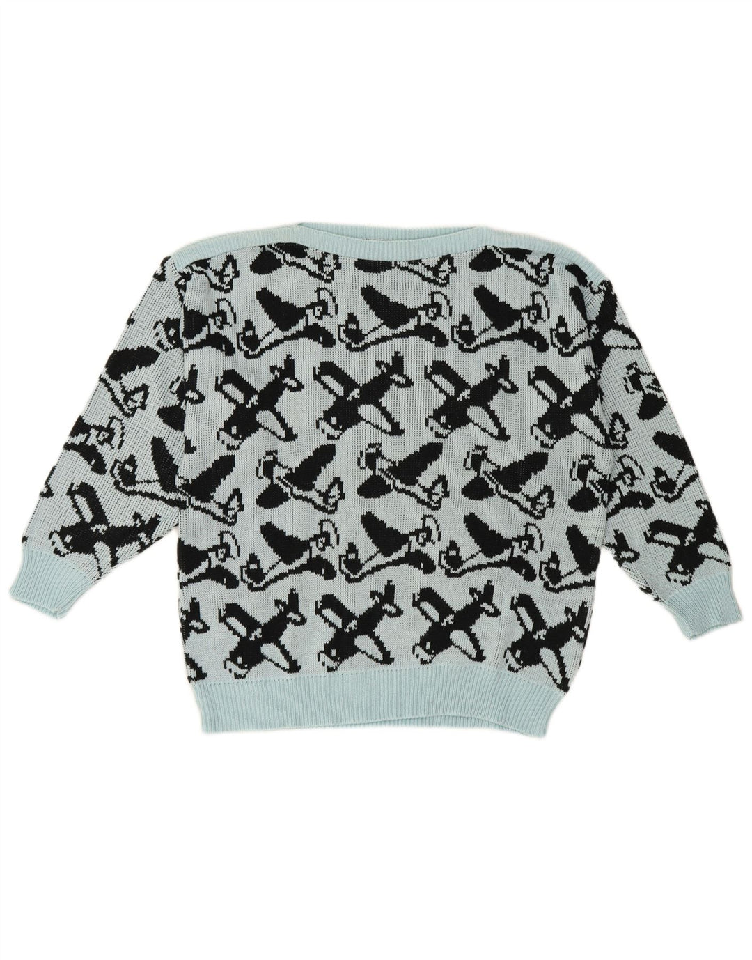 Vintage damski sweter z abstrakcyjnym wzorem i dekoltem w łódkę EU 40 średni niebieski