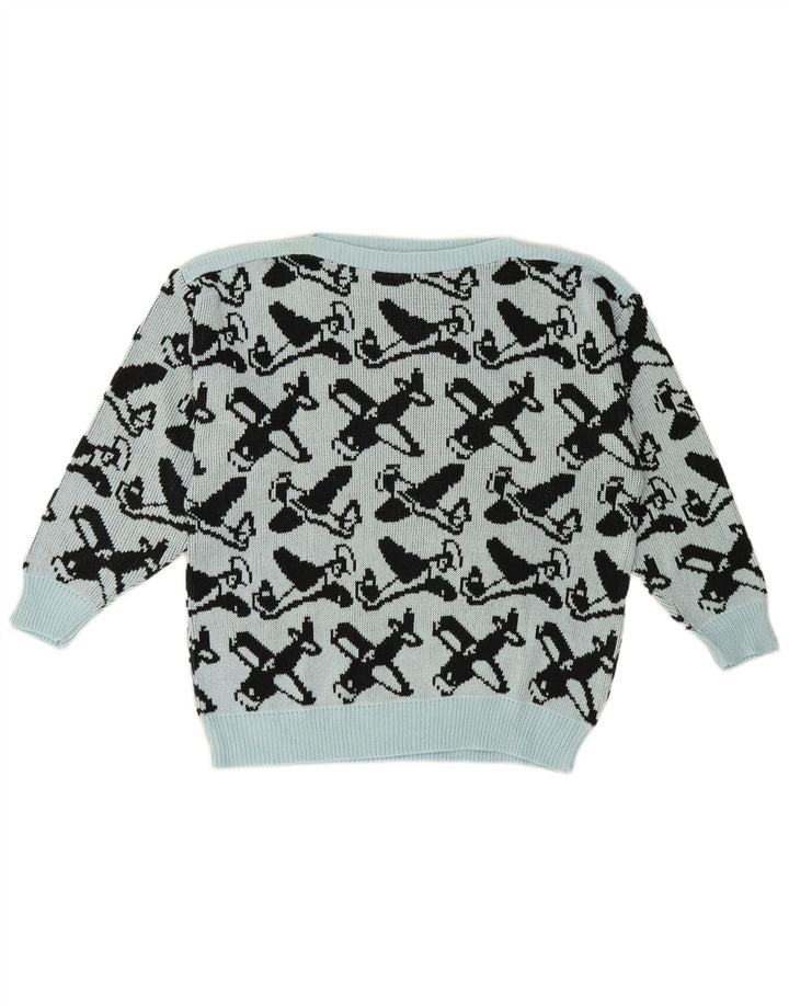 Vintage damski sweter z abstrakcyjnym wzorem i dekoltem w łódkę EU 40 średni niebieski