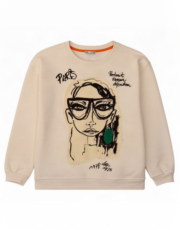 Zara Womens Graphic Oversized Sweatshirt Jumper UK 10 Small White Polyester