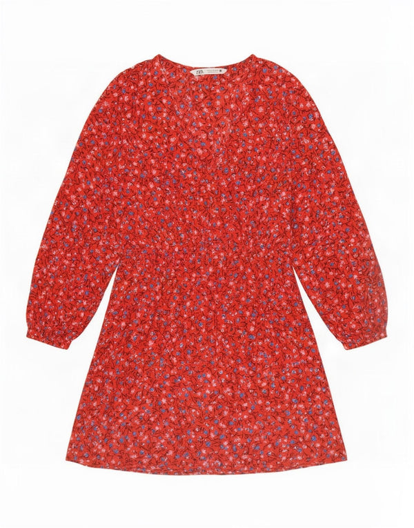 Zara Womens 3/4 Sleeve Tiered Dress UK 10 Small Red Floral Polyester