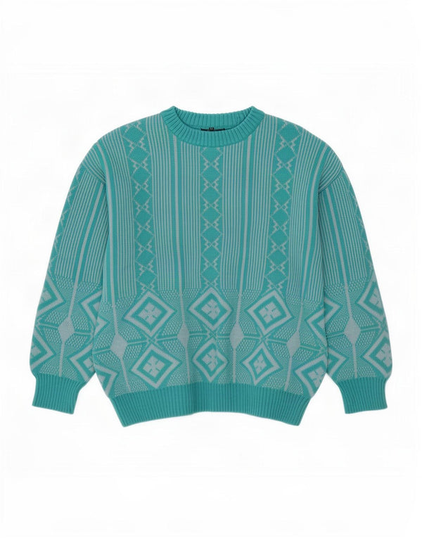 Sweter damski w stylu vintage z dekoltem w łódkę UK 16, duży niebieski geometryczny