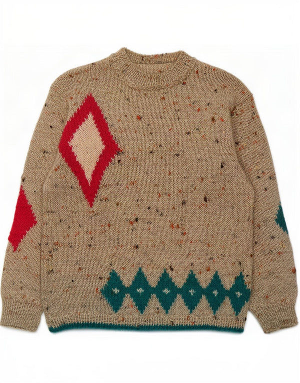 Sweter damski w stylu vintage z golfem UK 14 Średni beż Argyle/Diament