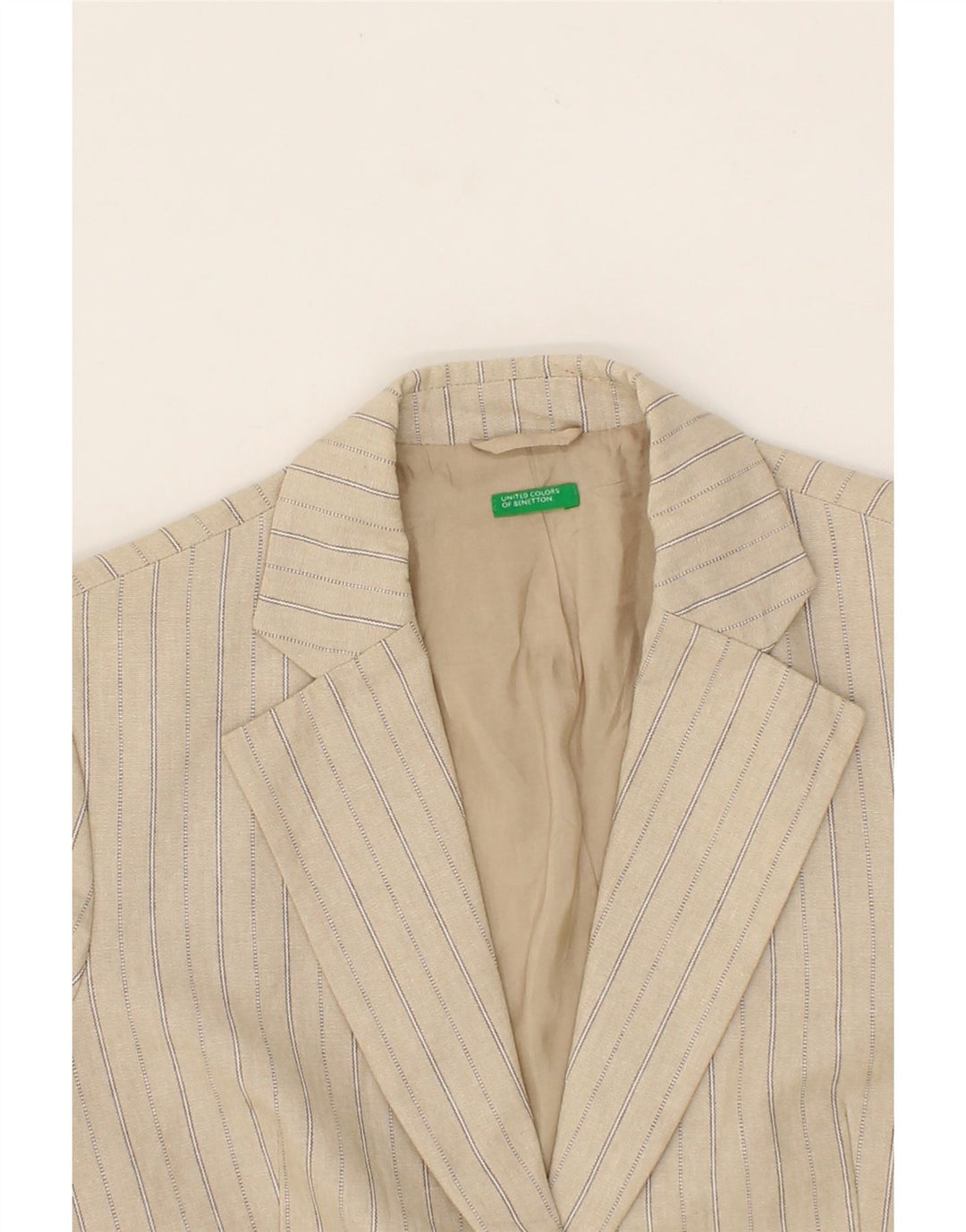 BENETTON Womens 1 Button Blazer Jacket IT 44 Medium Beige Pinstripe Cotton Vintage Benetton and Second-Hand Benetton from Messina Hembry 