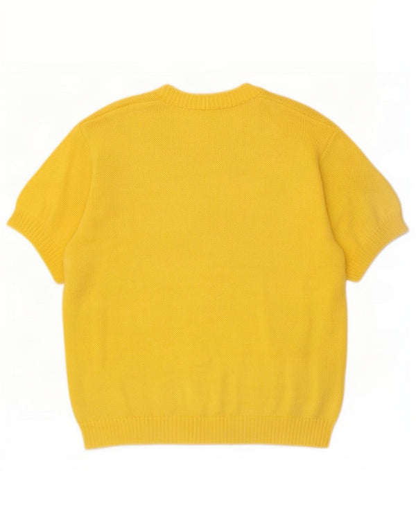 Sweter damski w stylu vintage z krótkim rękawem i dekoltem w kształcie litery V, UK 14, średni żółty