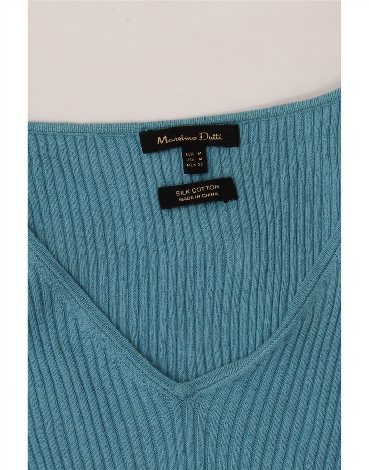 Sweter damski Massimo Dutti z dekoltem w kształcie litery V, UK 12, średni niebieski jedwab