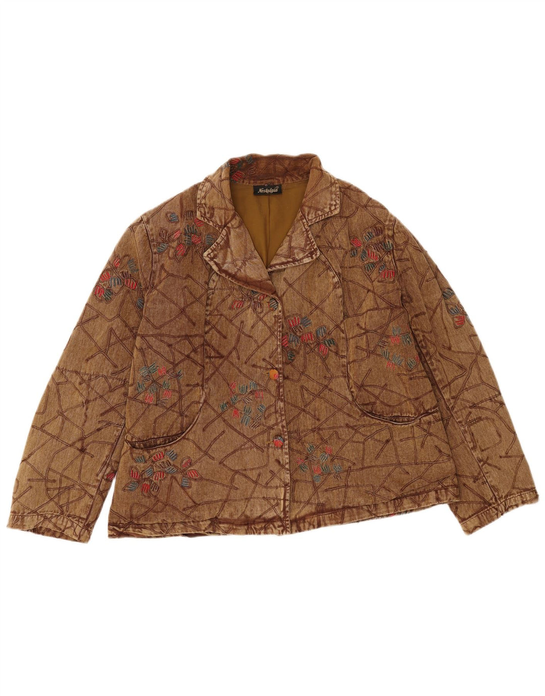 Damska kurtka bomberka w stylu vintage UK 16, duża, brązowa, z bawełny w kwiaty