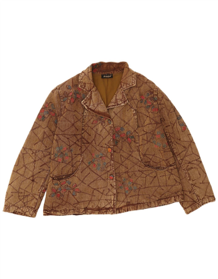 Damska kurtka bomberka w stylu vintage UK 16, duża, brązowa, z bawełny w kwiaty