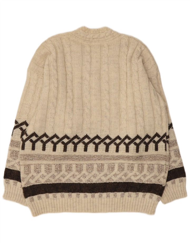 Sweter męski w stylu vintage z dekoltem w szpic, średni beż, akryl Fair Isle