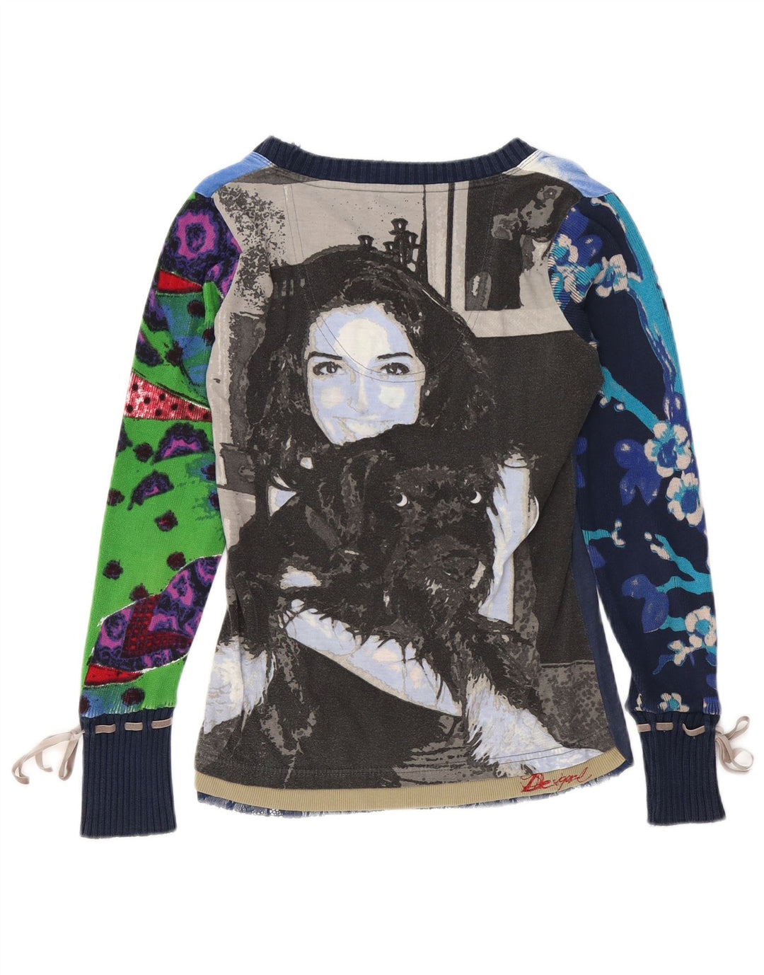 Damski top graficzny DESIGUAL z długim rękawem, UK 14, średni granatowy w kwiaty