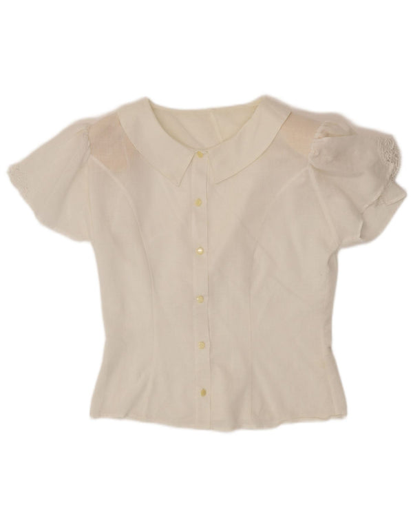 Damska bluzka koszulowa z krótkim rękawem VINTAGE UK 12 Średnia biała bawełna