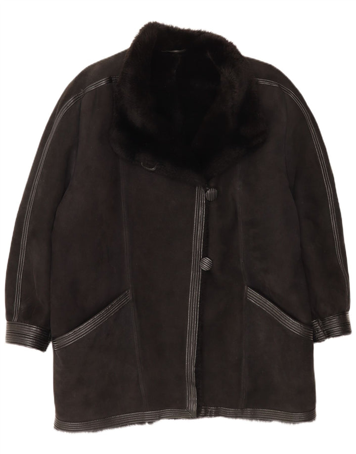 Vintage damski płaszcz z owczej skóry UK 16, duży czarny