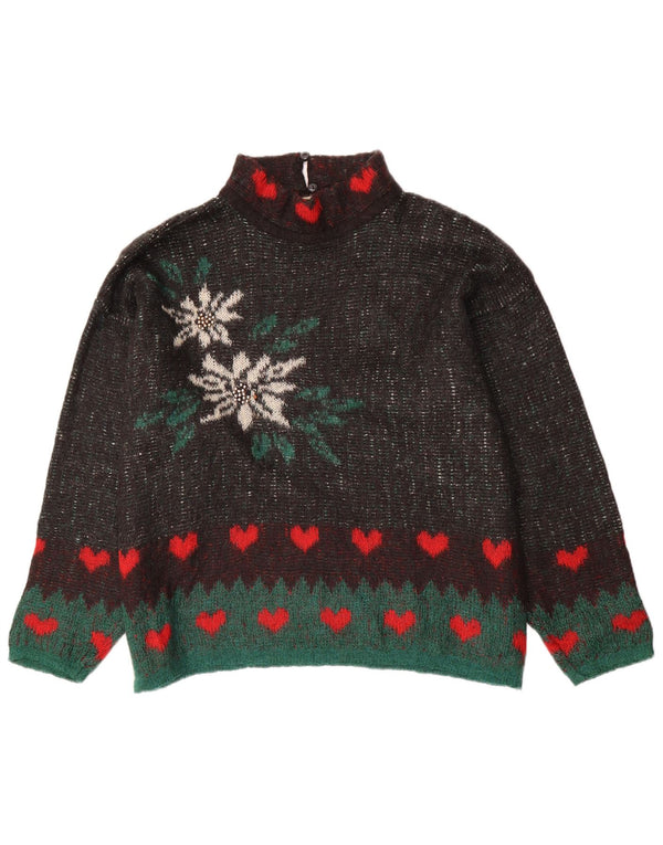Vintage damski sweter z golfem z grafiką UK 16, duży, brązowy, kwiatowy