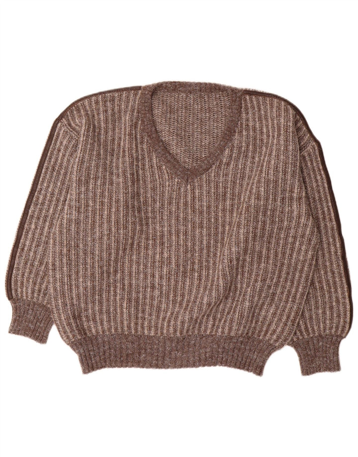 Męski sweter w stylu vintage z dekoltem w szpic IT 50, wełna w średnie brązowe paski