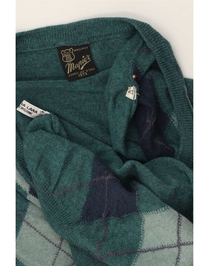Męski sweter Mapier z dekoltem w kształcie litery V, średnio zielony Argyle/diamentowa wełna