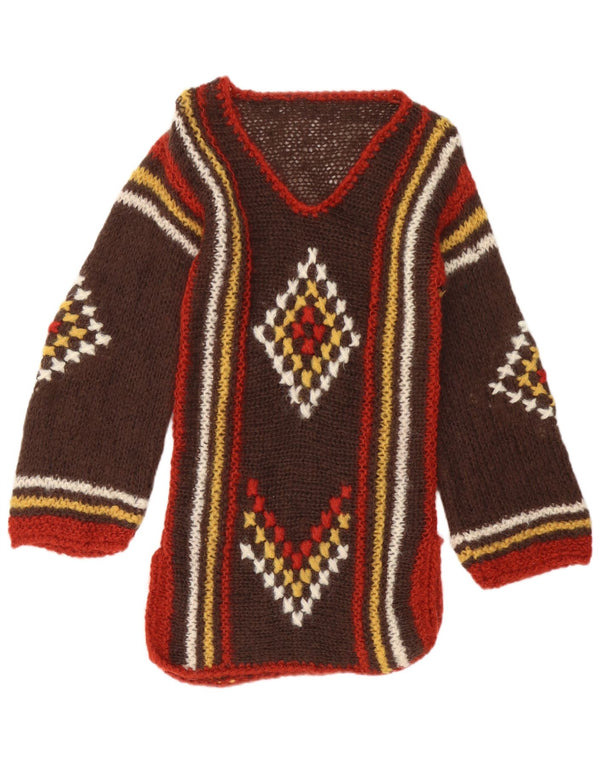 Sweter damski w stylu vintage z dekoltem w kształcie litery V, UK 12, średni brąz, geometryczny aztek
