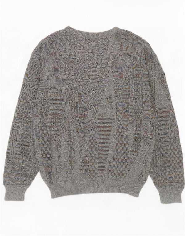 Vintage męski sweter z okrągłym dekoltem, mały szary geometryczny