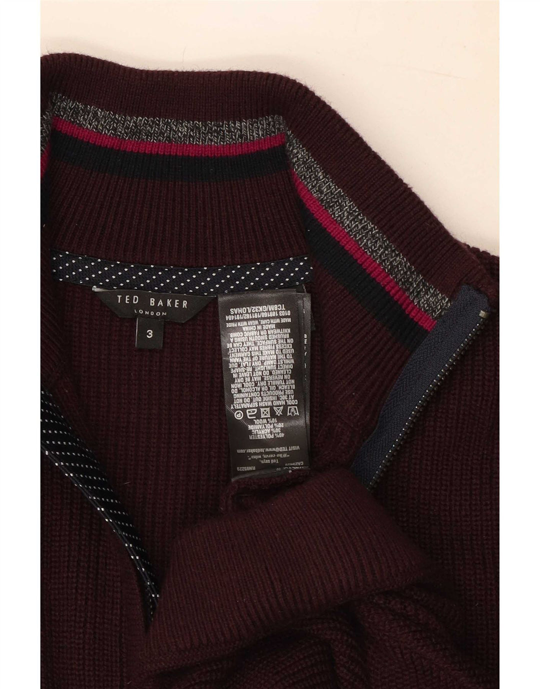 Męski sweter Ted Baker z zamkiem błyskawicznym, rozmiar 3, średni bordowy poliester