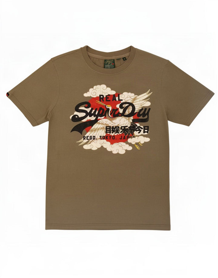 Męski T-shirt z grafiką Superdry, średni, bawełniany kolor khaki