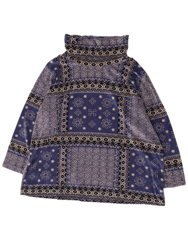 Vintage damski aksamitny top z długim rękawem UK 20 2XL niebieska bawełniana w kwiaty