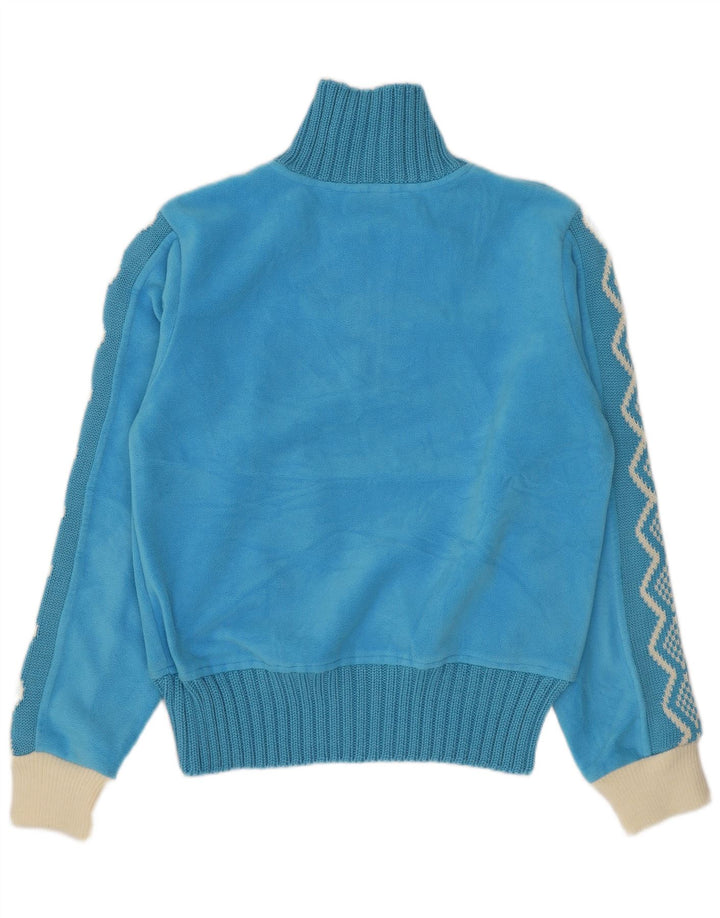 Vintage damski sweter polarowy z zamkiem błyskawicznym UK 14, średni niebieski, geometryczny poliester