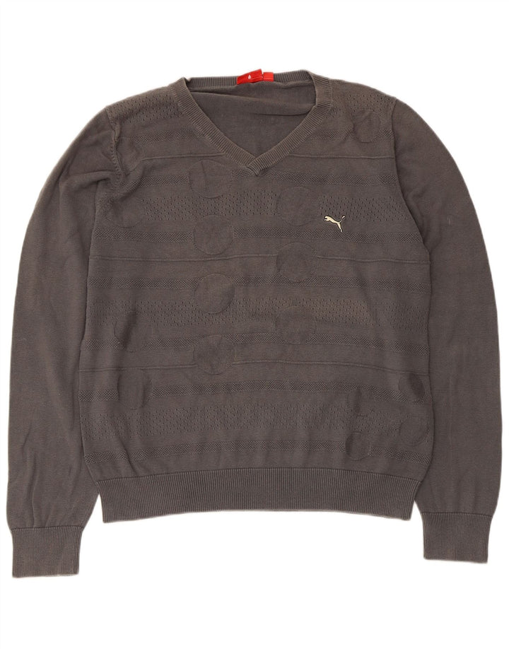 Męski sweter Puma z dekoltem w kształcie litery V, duży, szary, z geometrycznej bawełny