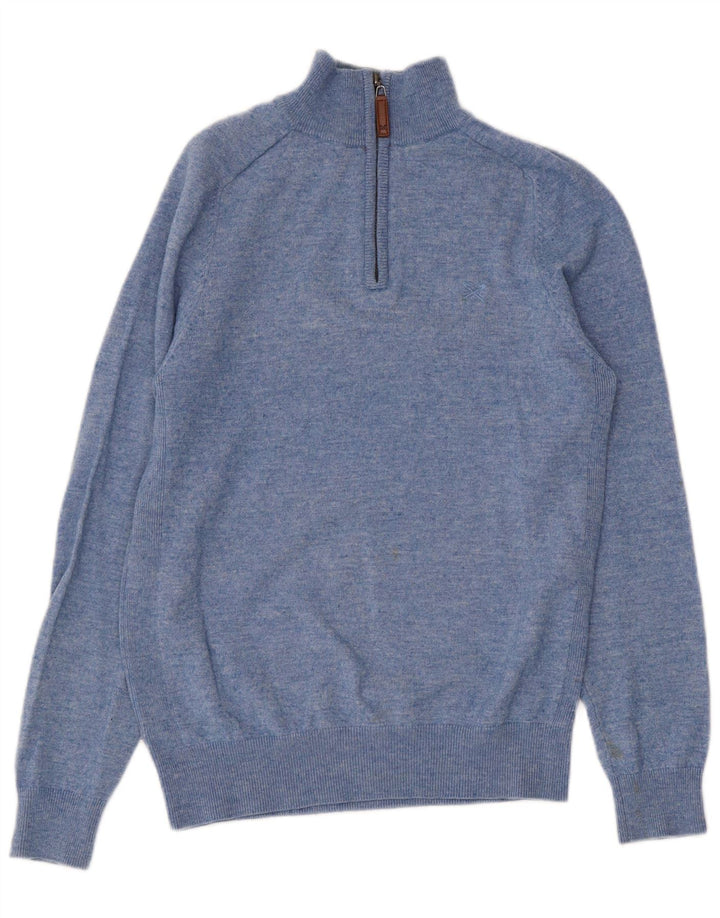 CREW CLOTHING Mens Zip Neck Jumper Sweater Small Blue Flecked Wool