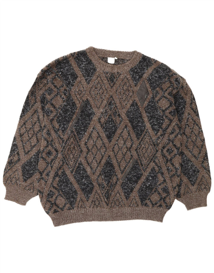 Męski sweter z okrągłym dekoltem w stylu VINTAGE Średni brąz Argyle/diamentowa wełna