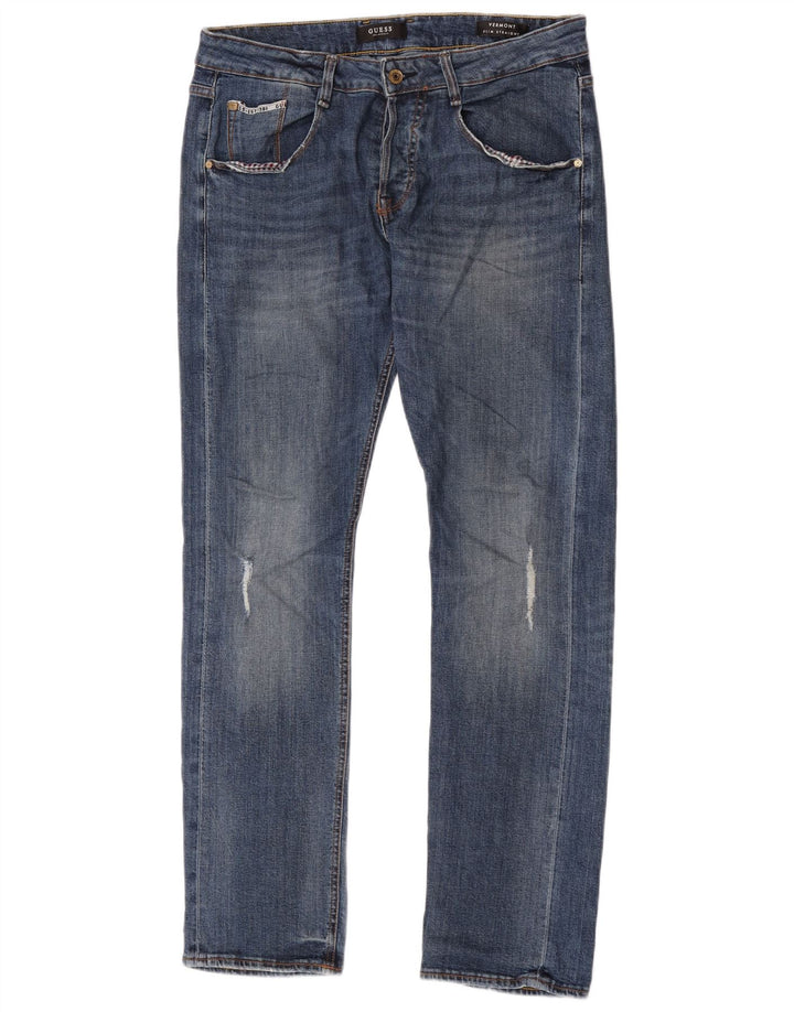 Męskie jeansy Guess Straight Distressed W30 L33 Niebieski poliester