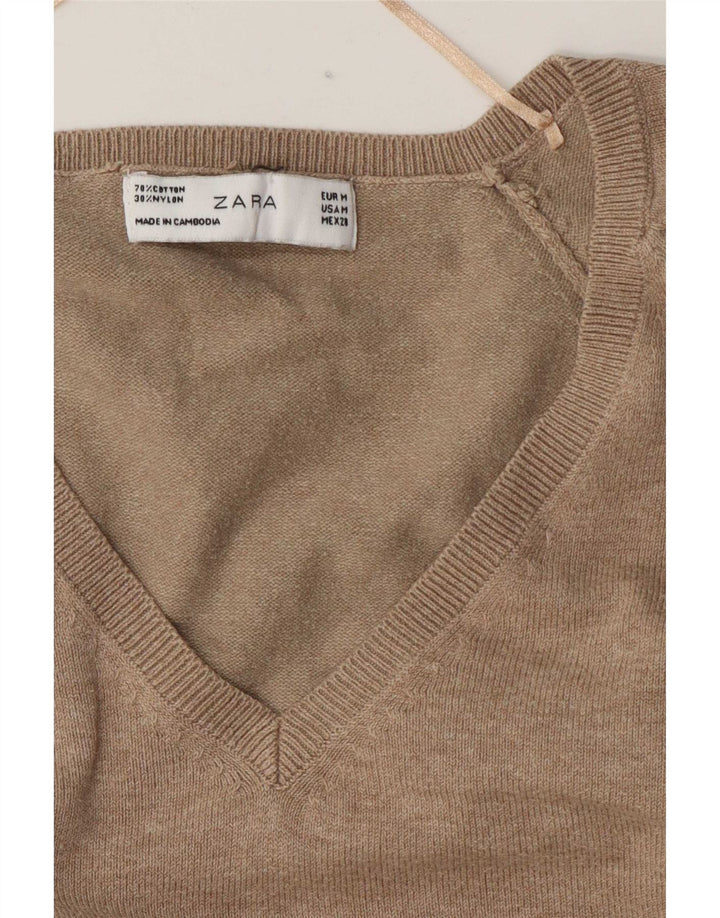 Sweter damski Zara z dekoltem w kształcie litery V, UK 14, średni brązowy, bawełniany